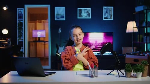 Happy Little Girl Influencer Recording Video Chatting with Fans