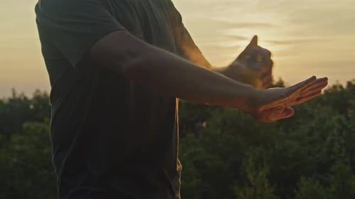 Man Using Mosquito Repellent Spray on Mountain at Dusk