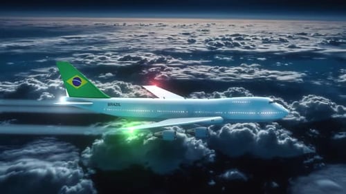 3D Airplane Flying with Brazilian Flag Above Clouds