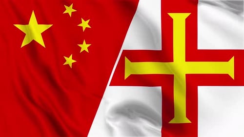 China and Guernsey Flags Waving Seamless Animation Loop