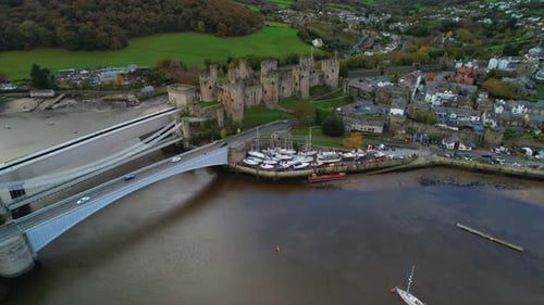 Aerial View of Historic Conwy Castle of River in North Wales, UK
