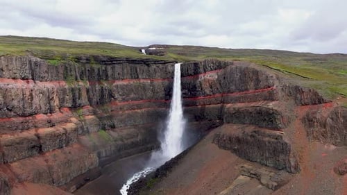 Aerial view of Hengifoss waterfall, Iceland.