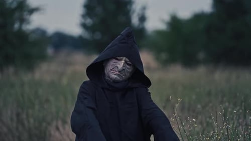 Scary Halloween costume. Portrait of frightful ghost on blur nature background in the evening.