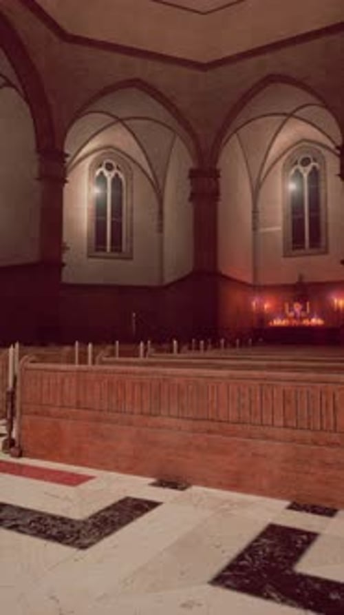 Grand Church Interior With Large Wooden Altar