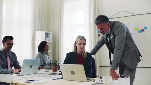 Diverse business team collaborates on laptop project in modern office space