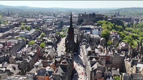 Drone shot of Tolbooth Kirk known as The Hub in Edinburgh, Scotland, UK