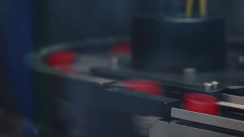 Conveyor for Tapping Bottles in the Factory Bottle Caps Progressing Along the Conveyor