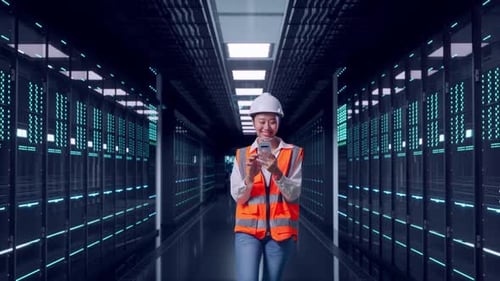 Asian Female Use Smartphone While Walking in Data Center
