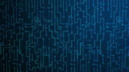 Digital Data moving on Circuit Board. Computer Processing and organizing Data