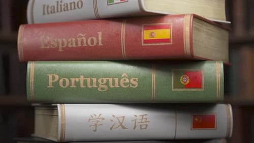 Stack of Books or Textbooks of Various Languages Learning Foreign Language FAQ Manual Instructions