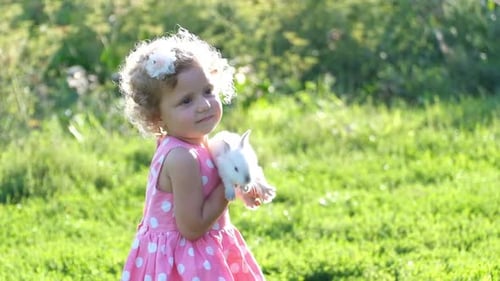 A Child Plays with a Real Rabbit in a Summer Garden
