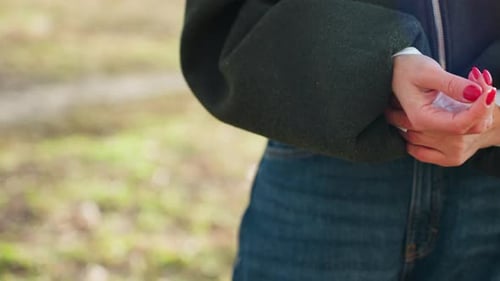 Closeup of Woman with Red Manicure Adjusting Hand Near Sleeve Soft Daylight