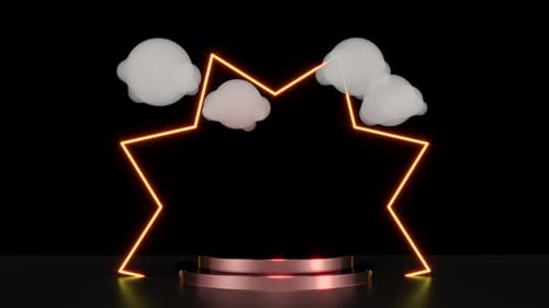 Glowing Neon Star Frame with Podium and Floating Clouds