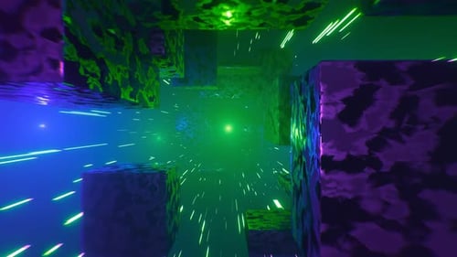 Tunnel rotatif rougeoyant de cubes de néon en mouvement. Fond futuriste abstrait