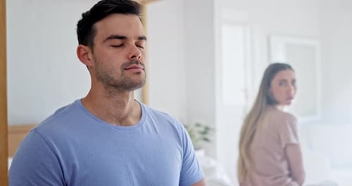 Bedroom, divorce and couple thinking and stress at home with insomnia, infertility and guilt