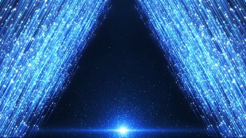 Abstract cinematic particle background. Bright luminous lines and stripes of light rise upward