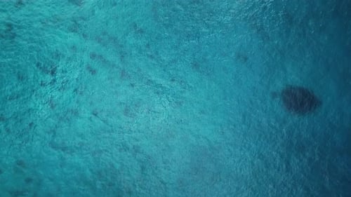 Aerial flyover above blue tropical ocean water. Background for text or title.