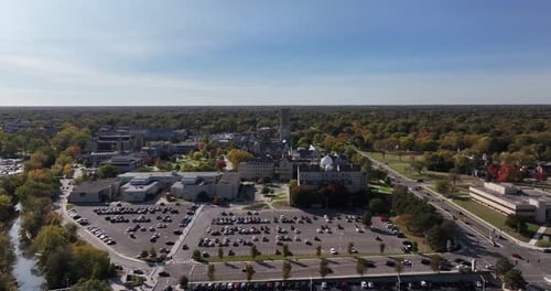 Aerial view of buildings and trees, United States.