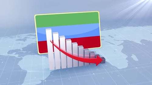 Dagestan Flag With Decrease Bar Chart Graph And Arrow Red
