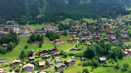 Townscape of village of Wengen on the edge of Lauterbrunnen Valley. Traditional local houses in Weng