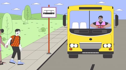 Diverse kids getting on school bus cartoon animation