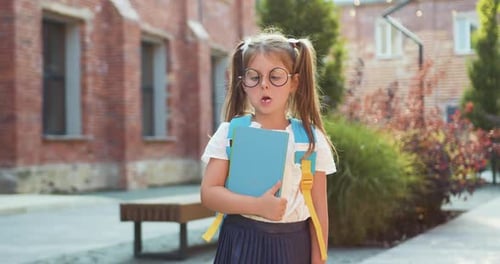 Portrait of cute little school girl in glasses with books and backpack, standing looking at camera