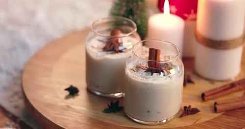 Christmas morning, eggnog and alcohol for holiday celebration, cold day and breakfast