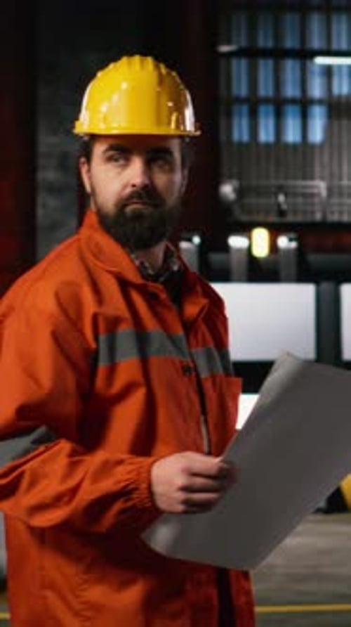 Vertical Video Engineer Walking Along Facility Reviewing Manufacturing Blueprints