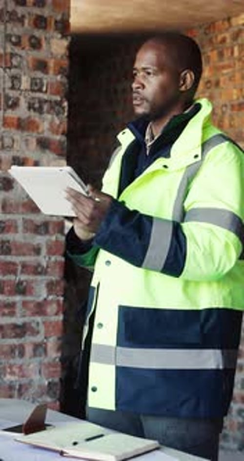 Man, engineer and reading with tablet for construction, research and email for building design