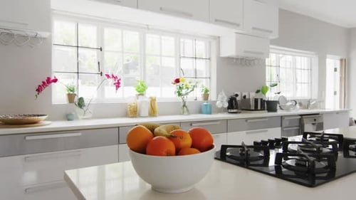 Bright Kitchen Interior with Fruit Bowl