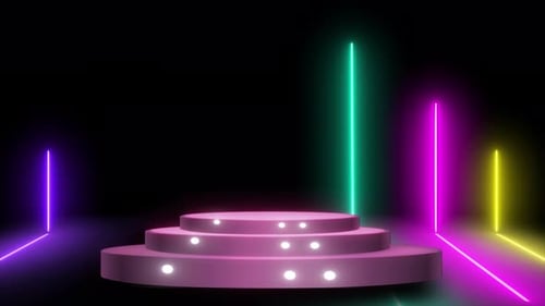 Realistische 3D-Bühne und Lichteffekte, die sich im Hintergrund bewegen. Spotlight-Animation mit Bühne und Neon