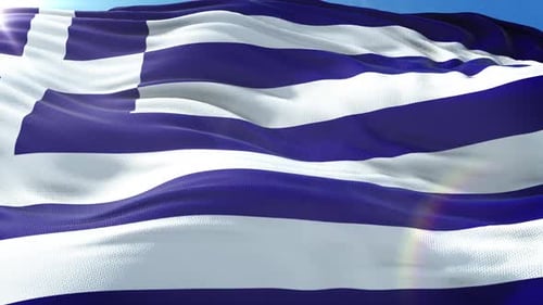 Realistic Waving Greek Flag on Blue Sky Background