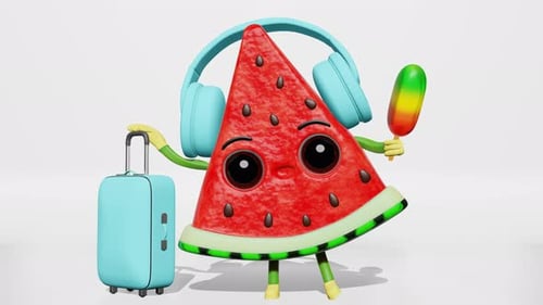 Animated Watermelon Character Traveling with Suitcase and Ice Pop