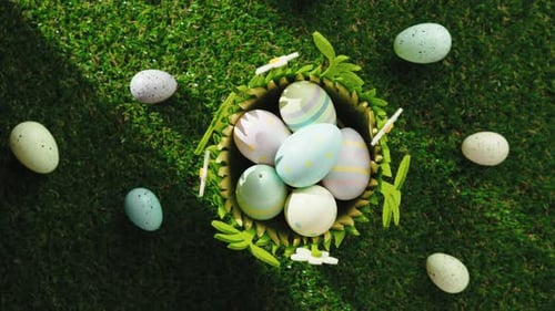 Pastel Easter Eggs in Nest on Grass