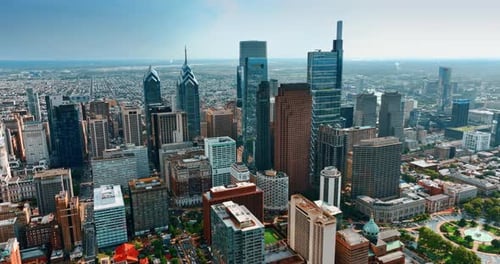 Beautiful skyscraper complex of Philadelphia. Daytime view of the city from drone footage.