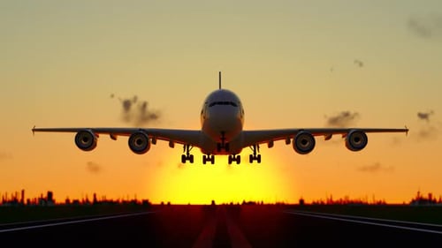 Passenger Airplane Takes Off into Sunset Sky 3D Animation