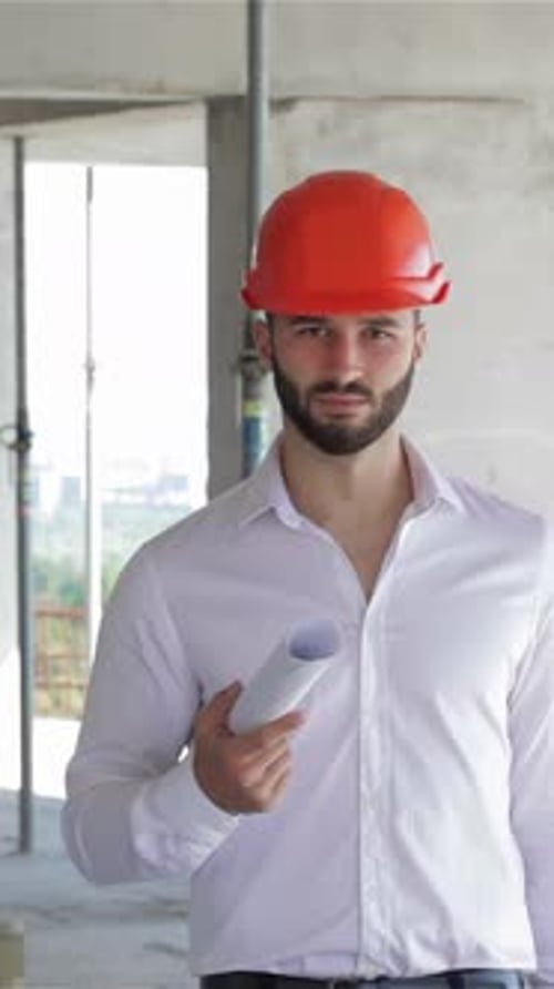 Constructor seguro de sí mismo que camina con planos arquitectónicos en la mano