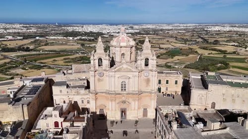 Drone footage of Metropolitan Cathedral of Saint Paul in Mdina, Malta