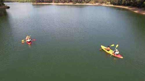 People Kayaking in a Calm Lake, Aerial View