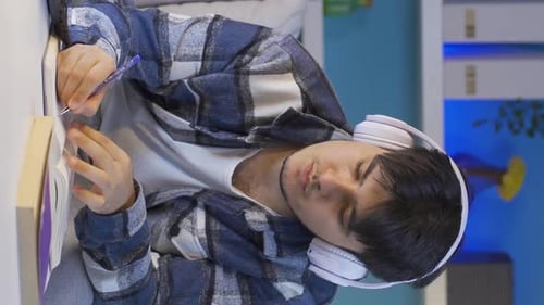Young Man Studying at Home with Headphones