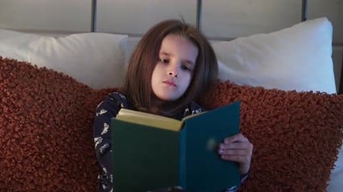 Little Girl Reading Book in Bed Child Discover New Encyclopedia Schoolgirl Preparing for Test and