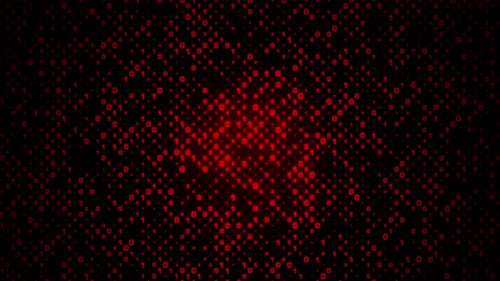 Digitale Matrix aus roten Einsen und Nullen, die herunterfallen und blinken. Binäres Hintergrundkonzept