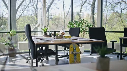 Modern Empty Light Office Interior with Panorama Window Background Working Area