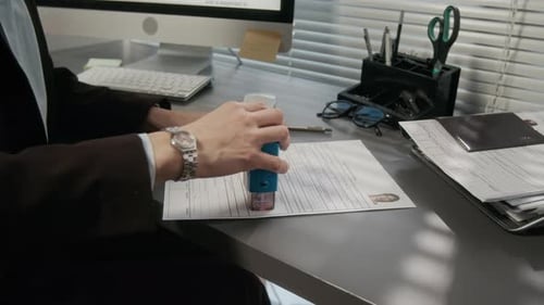 Hands of Female Embassy Officer Putting Approval Stamp on Visa Application