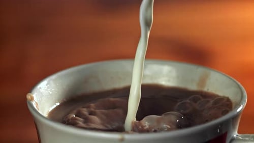 Milk is Poured Into Hot Chocolate Filmed on a Highspeed Camera at 1000 Fps