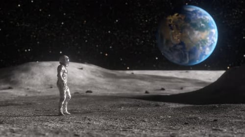 An Astronaut in Detailed Space Attire Stands on a Lunar Surface Observing the Stunning View of a