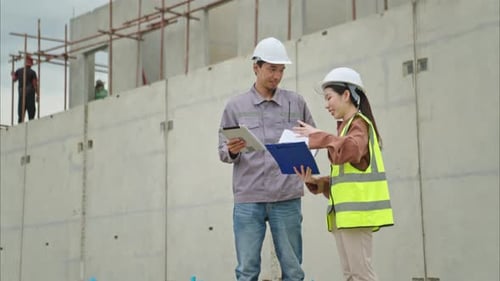 Los ingenieros y la arquitectura inspeccionan y supervisan la construcción de los muros y cimientos de los edificios