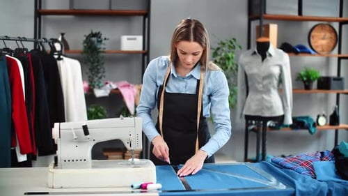 Skilled Female Dressmaker Drawing Marker Textile Pattern Details Chalk Ruler Dressmaking Workshop