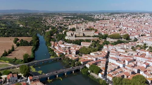 Flying towards a medieval city in South of France