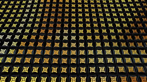 Schwebender Hintergrund mit schwarzen Würfeln, einzigartiges Design, 3D-Render, Goldformen, Reflexion, exklusiv